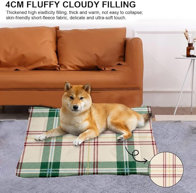 Green Red Yellow Plaid Dog Beds Non Slip Bottom Dog Bed Chew Proof Cozy Soft Bed for Cage Pet Accessories for Dogs Printed Crate Gift Portable Pet Mat 36× 24 Inch Indoor Outdoor
