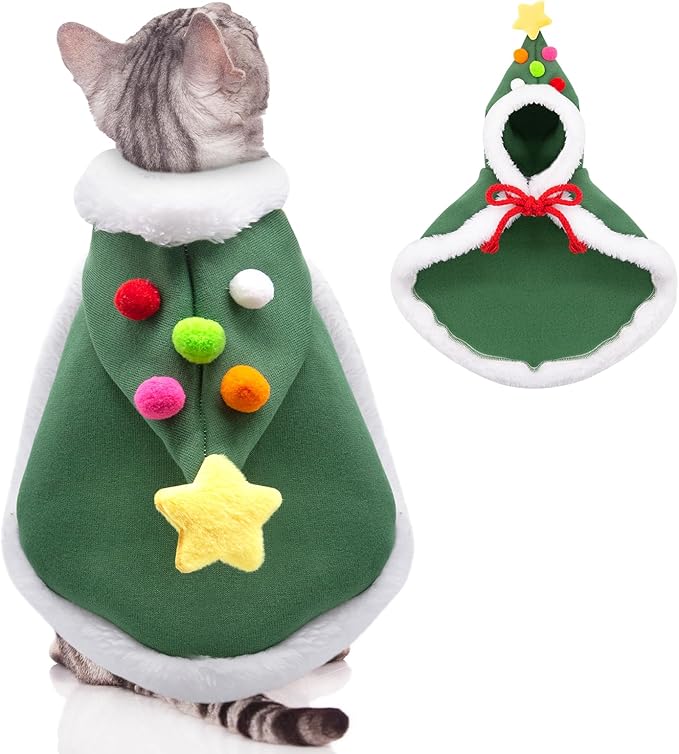 Cat Christmas Cape with Velvet Stars Hat, Small Dog Soft Thick Xmas Cloak, Pets Christmas Costume Dogs Cats Santa Claus Outfits for Goose, M