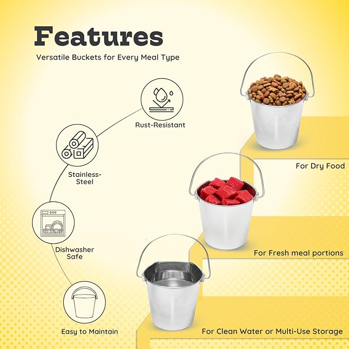 4 quart Stainless Steel Flat Side Bucket | 1 gal Durable Heavy Duty Food & Water Feeding Pails for Birds Dogs Cats Goat | Fits kennels Cages Critter Crates Hanging Pet Pail | Multipurpose
