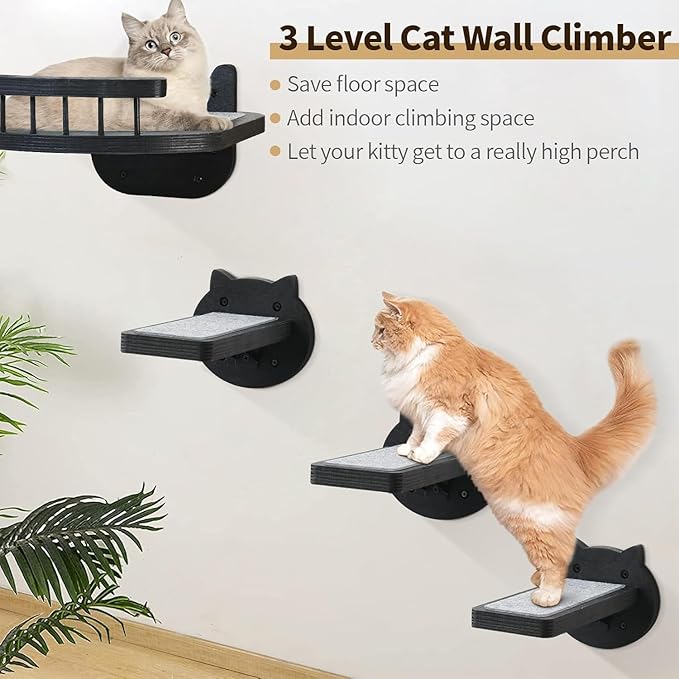 Cat Wall Shelves Furniture Set with Scratching Pad，Wooden Cat Climbing Wall Systems with 2 Perches and 3 Steps, Floating Shelves Bed Wall Mounted for Indoor Fit Up to 15Lbs (Black)