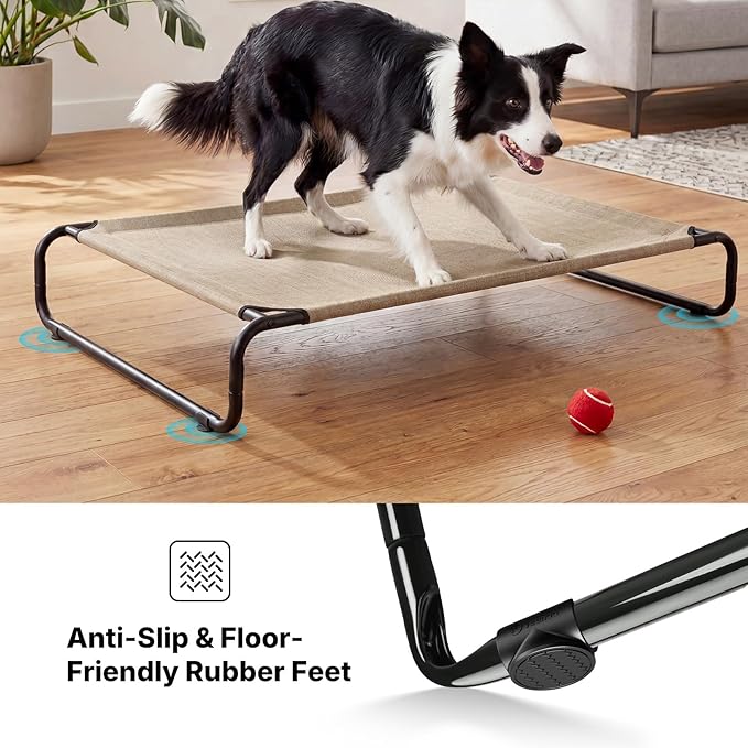 Veehoo Cooling Elevated Dog Bed, Outdoor Dog Bed for Large Dogs, Raised Dog Cot with Thickened Frame, Durable Teslin Mesh & Anti-Slip Rubber Feet, Pet Hammock for Indoor or Camping, 49" x 33", Beige