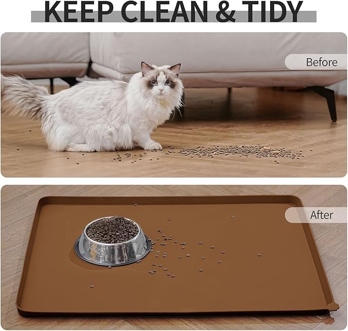 Reopet Waterproof Pet Feeding Mat, Non-Slip Silicone Placemats for Dog Cat Food and Water Bowl, High Raised Edges to Prevent Spills and Protect Floors