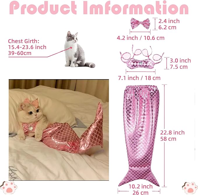 Cat Mermaid Costume - Funny Creative Decorative Clothing for Small Dogs or Cats, Photo Props and Party Supplies (Pink)