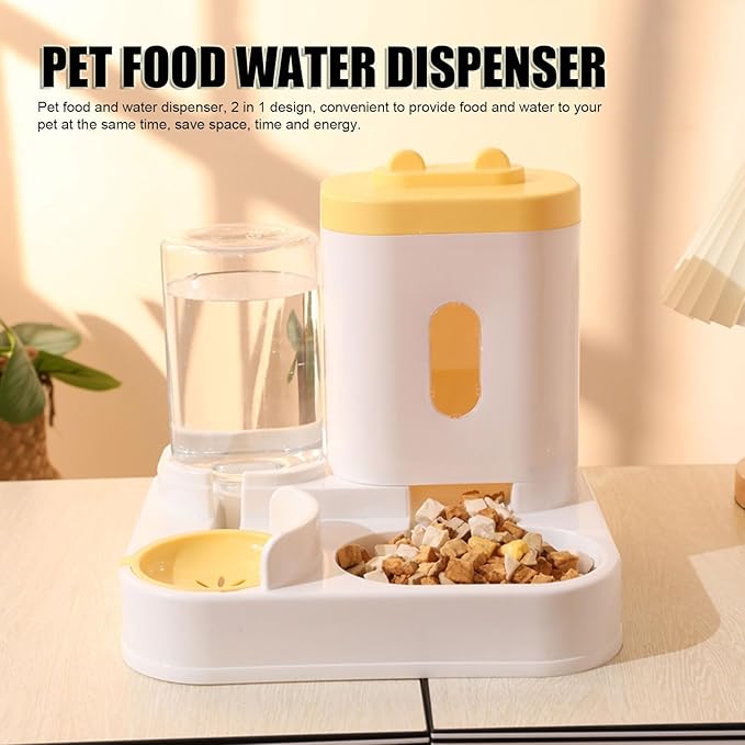 2 in 1 Automatic Cat Feeder and Water Dispenser, Large Capacity Self Feeding Dog Food Dispenser Gravity Food Bowl with 1l Water Tank for Multiple Pets (Yellow)