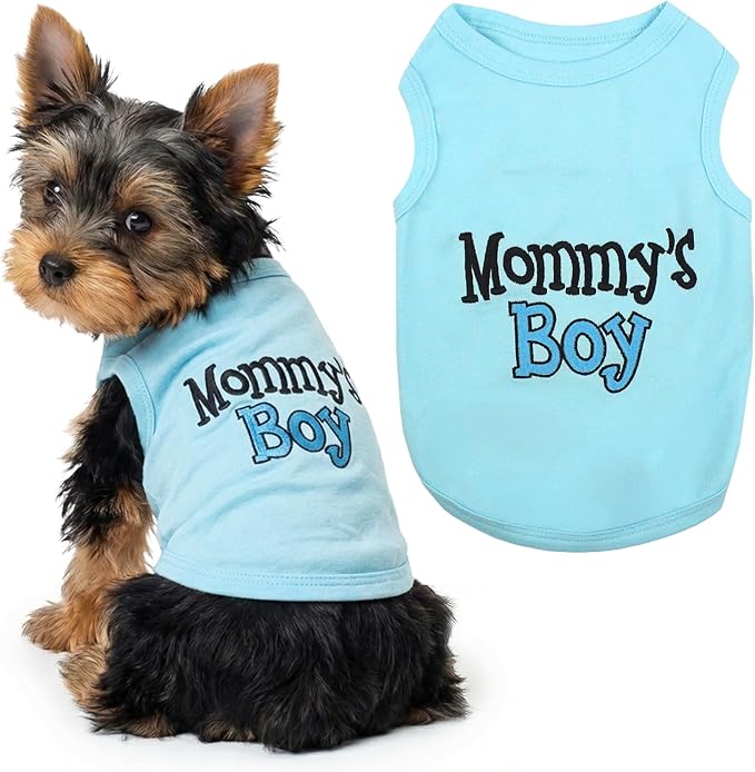 Parisian Pet Dog Shirt for Mother's Day – 100% Cotton Shirts for Large Dogs – Blue Sleeveless Puppy Clothes – Lightweight and Breathable Dog Apparel – Boy Dogs Clothes - Stretchy Mommy’s Boy Pet Shirt