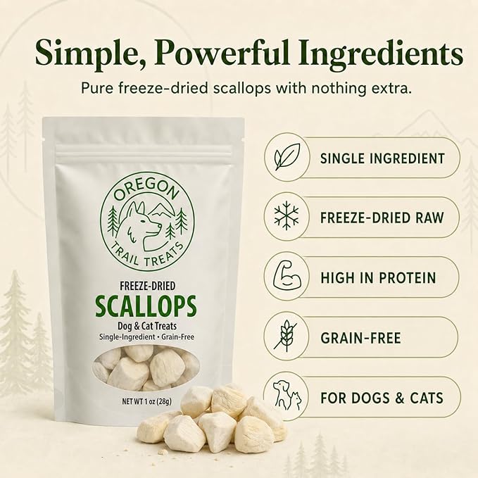 Oregon Trail Treats Freeze-Dried Scallops Dog & Cat Treats - Single Ingredient Premium Bay Scallops Grain Free 1 oz