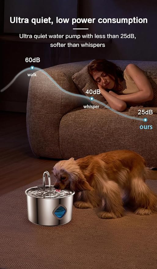 2026 New Dog Water Fountain (3.2L/108OZ), Quadruple Filtration, 304 Stainless Steel Cat/Dog Water Fountain, Super Quiet Smart Automatic Circulating Pet Feeder (8Filters)