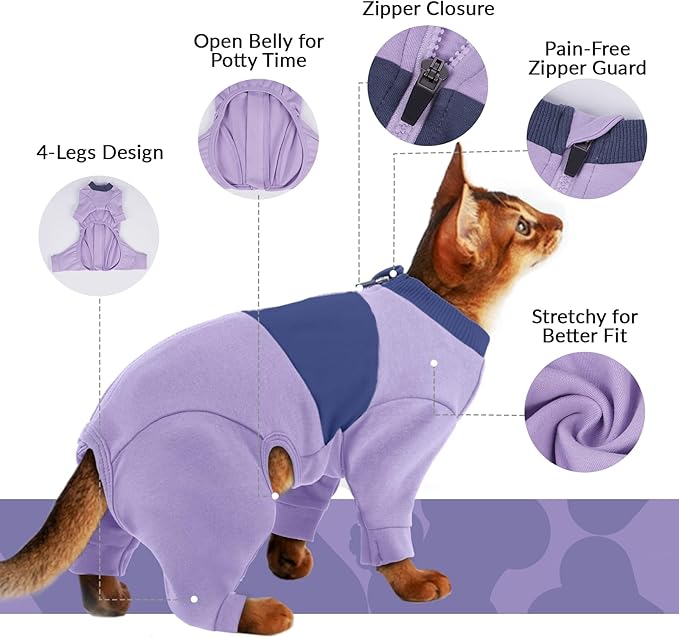 QBLEEV Cat Clothes, Soft Cat Sweaters for Cats Only, Kitten Surgery Recovery Suit Onesie Pajamas, Four Legs Cats Shirts Apparel Clothing for Hair Loss Prevention, Purple, XL