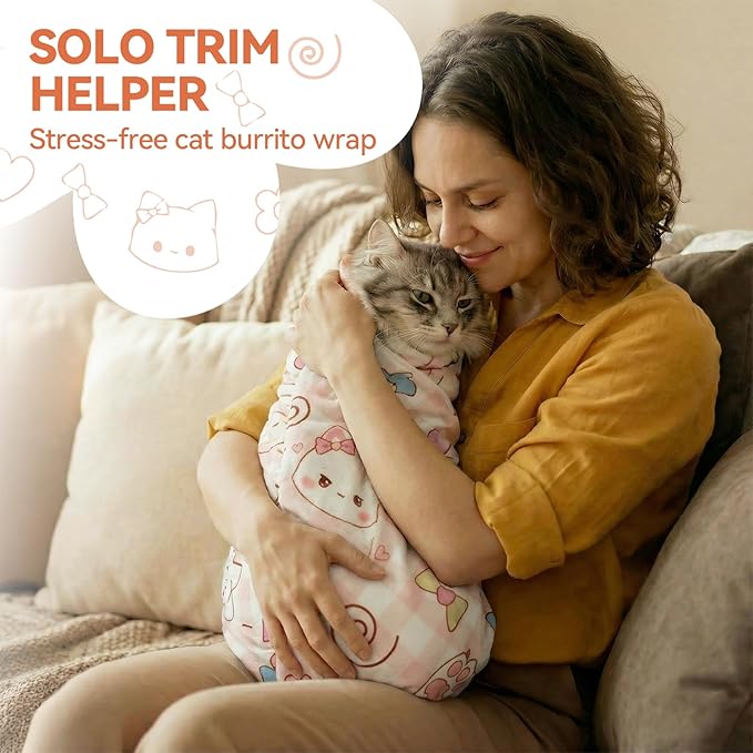 BFNN Cat Grooming Wrap for Cutting Nails, 31.5" Anti-Escape Calming Cat Swaddle Wrap for Medicine, Nail Clipping, Teeth Brushing, Ear Cleaning, Self-Adherent Burrito Restraint, (Happy Kitty, XL)
