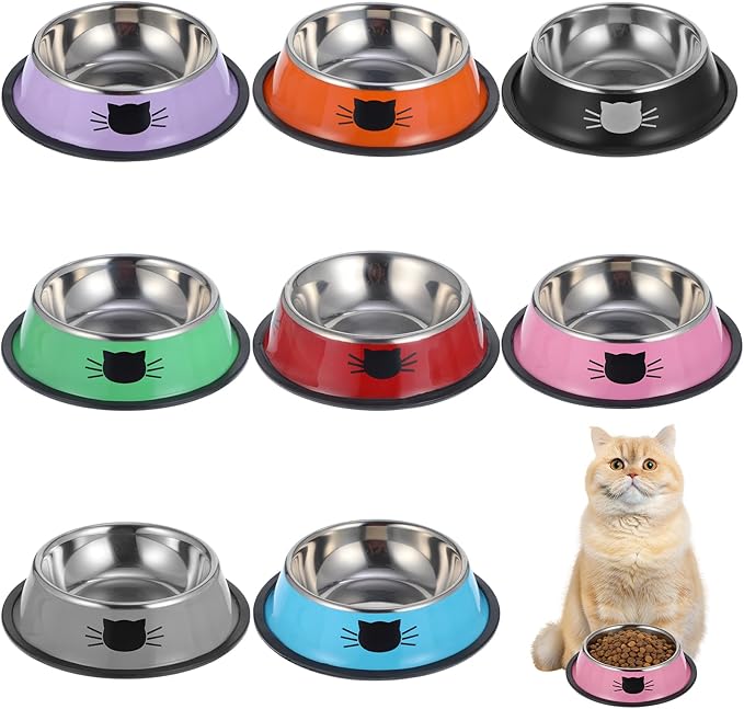 Kifmurase Stainless Steel Cat Bowl 8PCS Non-Slip Cat Food Dishes, 7oz Metal Pet Food and Water Bowls with Non Slip Base for Cats Small Dogs Stackable Feeding