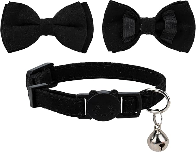 Cat Collar with Bow Tie Bell Breakaway Kitten Small Pet Safety Solid Wedding Basic Pure Color Suede Soft Adjustable [1pc] Black