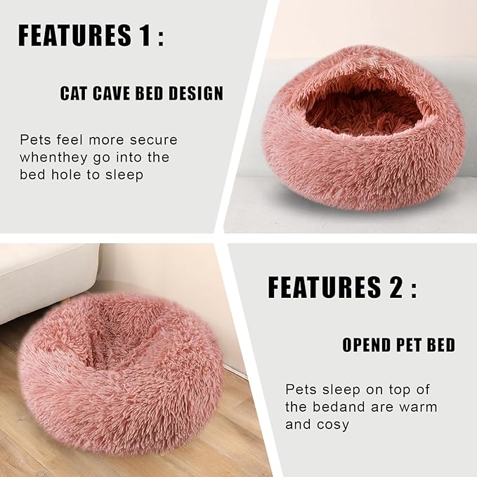 FORMYCATIE Cat Beds for Indoor Cats,Cat Cave for Puppy and Kitty,Calming Small Dog Bed for Small Dogs with Cover Cave,Cozy Warming Fluffy Washable Anti-Slip Pet Sleeping Bag(24 * 24inch,Leather Pink)