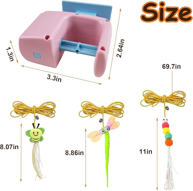 Automatic Electric Hanging Cat Toy for Indoor Cats, Motion Sensor Doorway Cat Teaser with Retractable Rope, 3 Replacement Feathers, USB Rechargeable, Pink