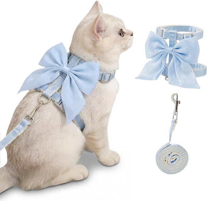 Tensho Blue Bow Cat Harness and Leash Set Escape Proof, Adjustable Kitten Harness with Leash, Bow Tie Cat Harness for Walking Outdoor - Soft Lightweight Harness for Small Dogs Cats Rabbits (S)