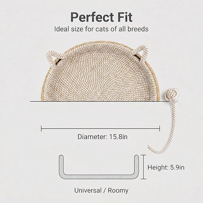 Handwoven Cat Basket Basket with Cotton Rope Liner Cat Ear Design Round Cat Scratcher Bed with Interactive Toy Ball Breathable All Season Scratch-Resistant Woven Cat Bed for Indoor Cats All Breeds