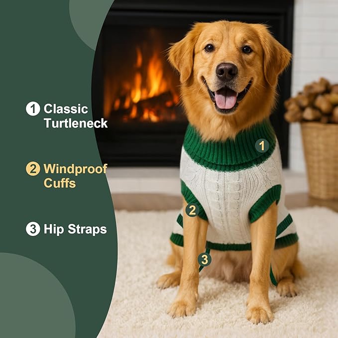 Dog Sweater Knitted for Small to Large Dogs Boy Girl, Classic Turtleneck Dog Christmas Sweaters, Warm & Soft Pet Clothes for Winter (Love Green, L)