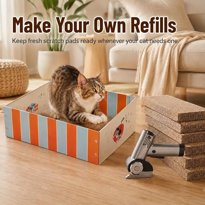 DIY Cat Scratcher Box Kit with Electric Cardboard Cutter – Turn Shipping Boxes Into Fresh Cat Scratch Pads, Reusable Cardboard Cat Scratching Bed for Indoor Cats, Make Your Own Refills at Home