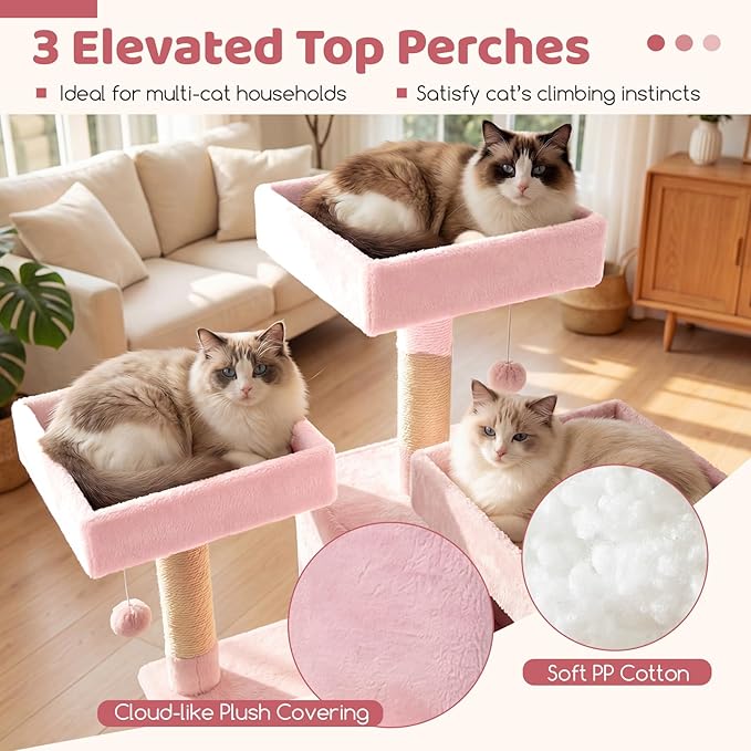 DORTALA Multi-Level Cat Tree, 65" Tall Cat Tower with 3 Plush Perch, 2 Condos, Basket Bed, Sisal Scratching Posts & Board, Hanging Pompoms, Indoor Pet Climbing Furniture (Pink)