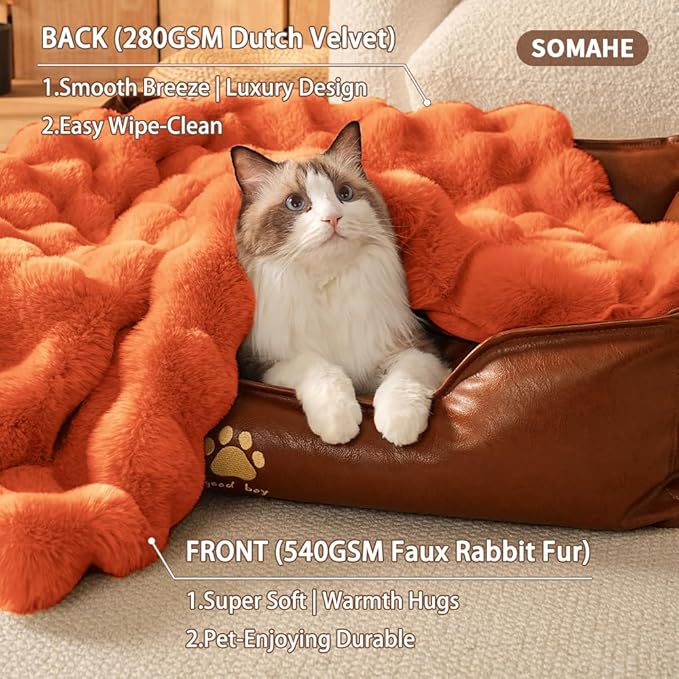 SOMAHE Pet Blanket, Reversible Sherpa & Bubble Fleece Pet Throw, Ultra-Soft Plush for Cats & Small Dogs, Machine Washable, Anti-Static, Warm & Cozy,28"×22" Inch Orange