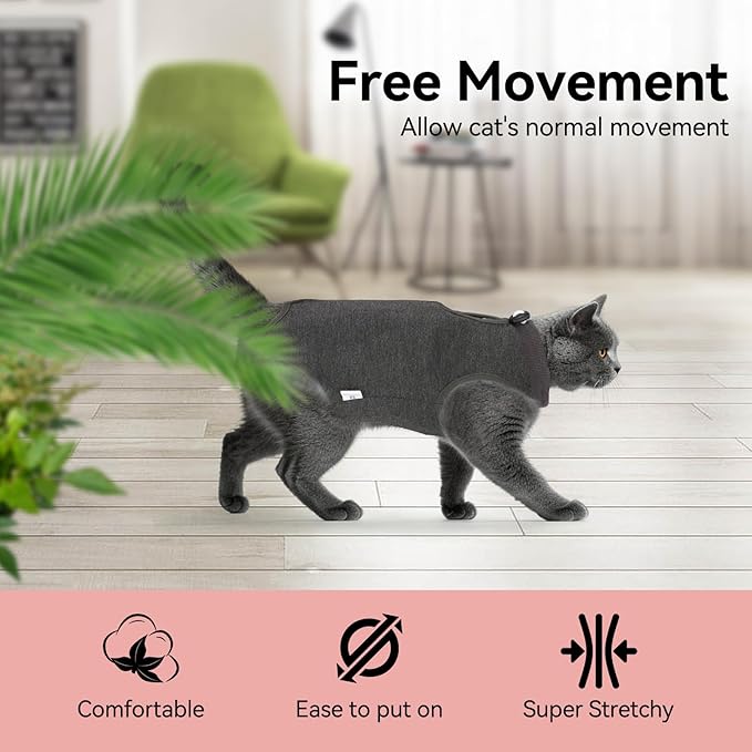 2 PCS Cat Recovery Suit for Spay Abdominal Wounds Female, Cat Onesie for Cats After Surgery, Pet Surgery Recovery Suit Kitten Onesie for Cats Anti Licking (Grey (2PCS), Small)