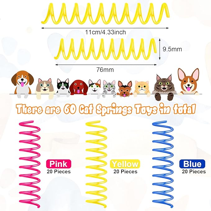 60 Pieces Thin Colorful Springs Cat Spiral Interactive Toys Kitten Cat Stuff Plastic Springs Toys, for Swatting Hunting Chasing to Keep Fit Active, Blue Yellow Pink, 3 Inch