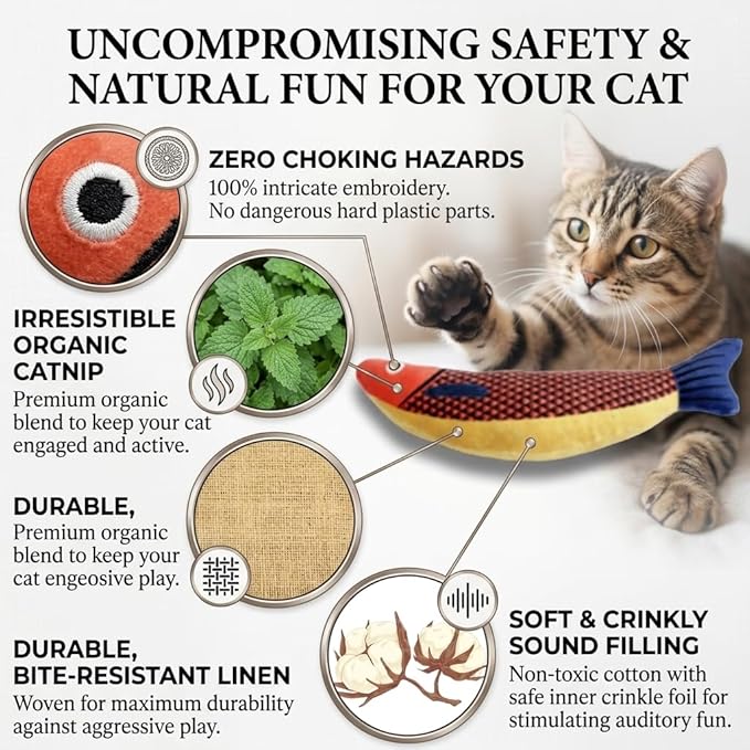 Tails & Tales Cat Toys Fish, Catnip & Crinkle Sound Plush, Bite-Resistant & Soft Interactive Toys for Indoor Cats & Kittens, Reduces Stress & Encourages Activity, Pack of 3