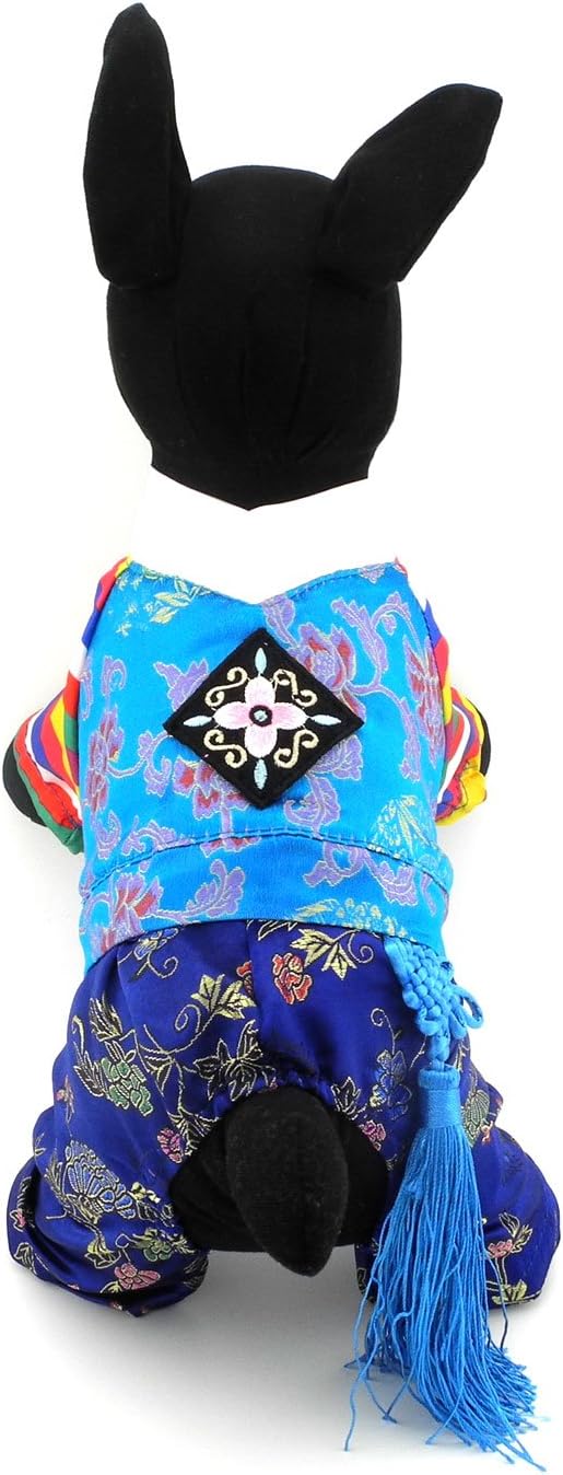 Ethnic Dog Costume Korean Traditional Knot Pendant Norigae Hanbok Embroidery Silk Pet Clothes Outfit Color Dress for Small Puppies Large Cat Apparel Birthday Party Festival Celebration Boy XS