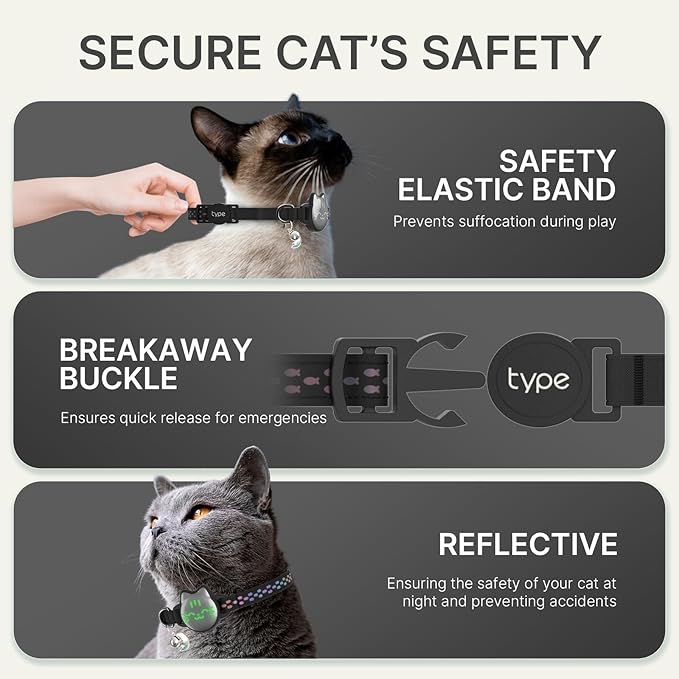 Waterproof Airtag 2nd & 1st Cat Collar, Breakaway Cat Airtag Collar with Luminous & Reflective Fish Pattern, Lightweight Kitten Collars for Apple Air tag, Hidden GPS Tracker Holder for Cats, Kittens