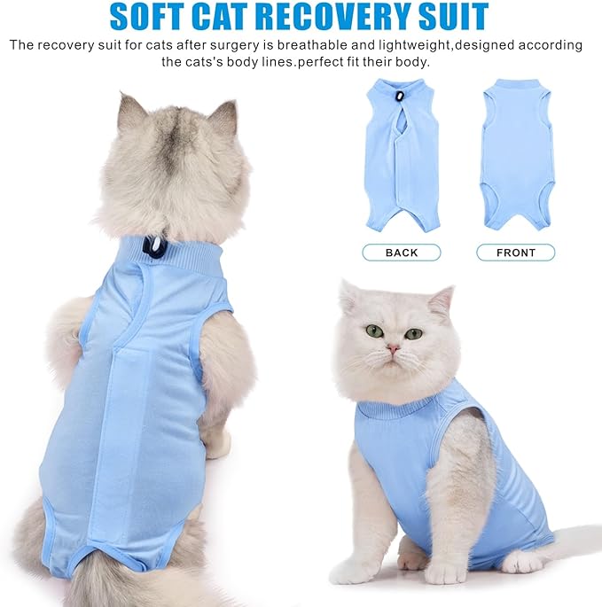 Idepet Cat Surgery Recovery Suit Kitten Onesie for Cats After Surgery Female Breathable Kitty Spay Suit for Abdominal Wound Skin Diseases E-Collar Alternative Wear(Blue,L)