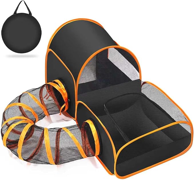 Portable Cat Playpen with Surround Tunnel, 2-Linked-Enclosed Areas, Ideal Cat Tent Outdoor or Cat Playpen for Indoor Cats Enclosed.Breathable Mesh Design for Indoor & Outdoor Use(Black)