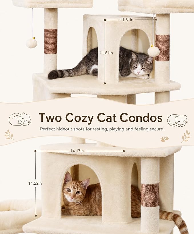 Heavy Duty Cat Tree for Indoor Cat, 71 Inch Large Cat Tower with Scratching Post and Top Perch, Hammock, Big Cat Condo for Adult Cats Kittens, PMT03BW, Beige