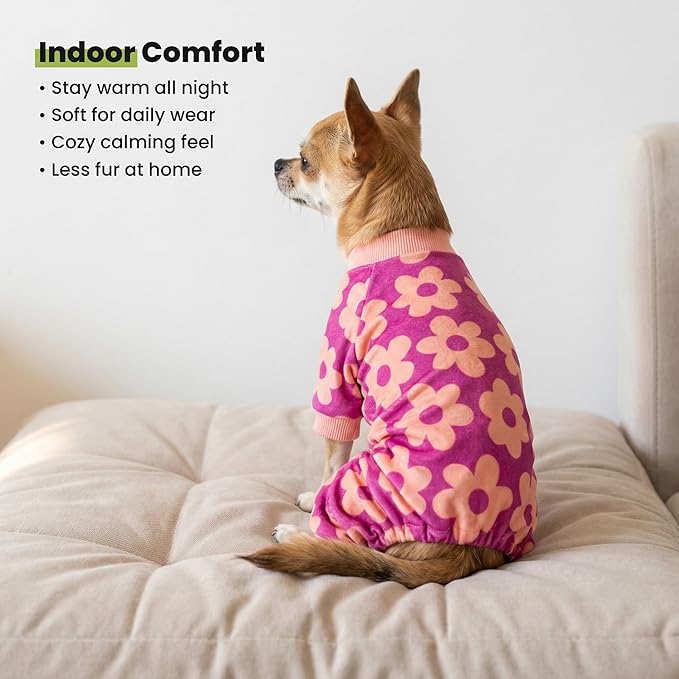 Fitwarm Flower Fleece Dog Pajamas, Warm Winter Dog Clothes for Small Dogs Girl, Cozy Pet Onesie with Feet, Pink, XL