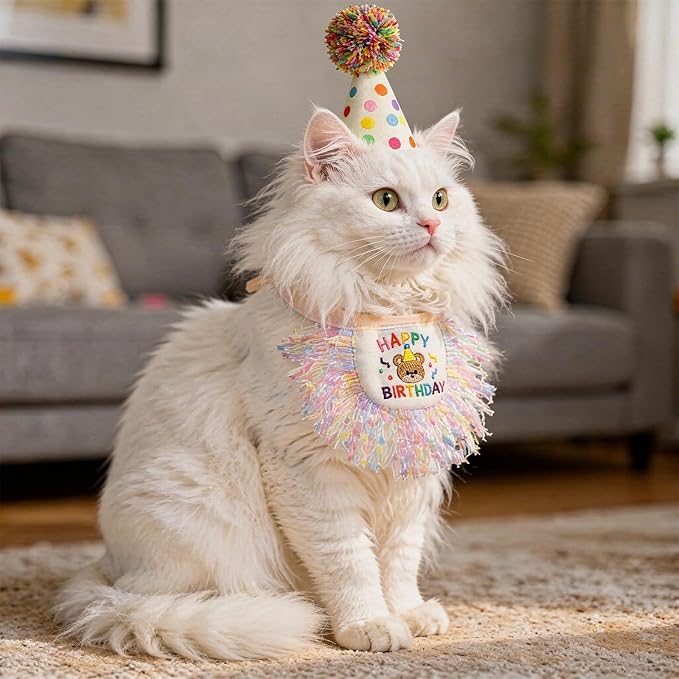 Cat Birthday Bandana Hat Set, Cute Cat Birthday Hat with Pom-Poms, Exquisite Cats Birthdays Outfit, Reusable Pet Party Decorations for Small Medium Cats Kittens Doggy