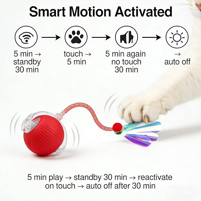 Speedy Tail 2.0 Cat Toy – 2 Replaceable Tails, Controllable Chirping, Motion Activated Rolling Ball, USB Rechargeable – Enrichment & Exercise for Bored Indoor Cats, Kittens (Red)