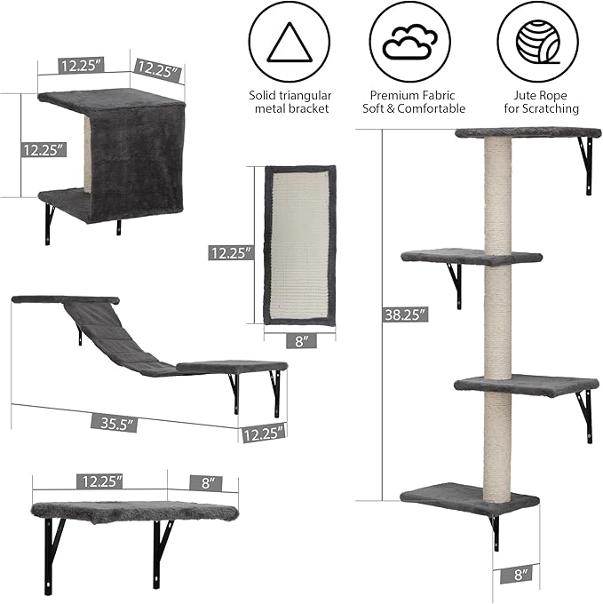 COZIWOW 5-Piece Cat Tree Set with Wall Mounted Cat Shelves, Cat Scratching Post & Cat Wall Furniture, Multi-Functional Indoor Cat Jungle Gym, Essential for Cat Room, Suitable for Large Cats(Grey)