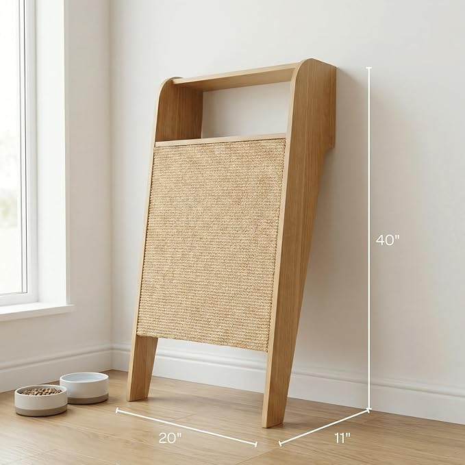 4 Cats & Dogs Wesley Cat Scratcher – Stylish & Durable Sisal Scratching Post Shelf, Vertical Scratch Board Furniture Protector, Indoor Wooden Cat Scratcher for Entryway Décor 20” x 11” x 40”- Oak