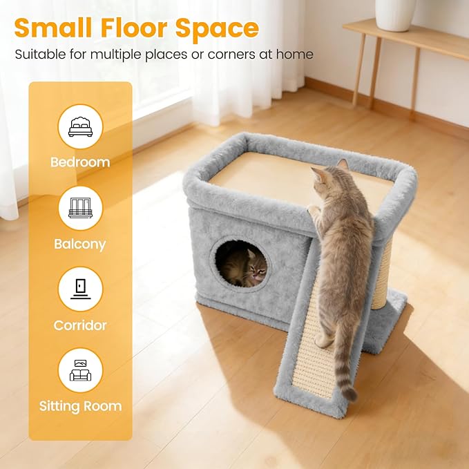 Cat Tree, Compact Cat Tree for Small Spaces, Heavy Duty Cat Tower for Large Cats,Small Cat Tower with Cat Scratching Post & Bed, Cat Condo Climbing Furniture for Indoor Cats (Light Grey)