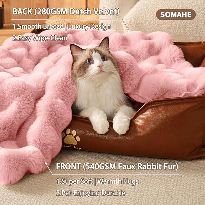 SOMAHE Cat Blanket, Reversible Sherpa & Bubble Fleece Pet Throw, Ultra-Soft Plush for Indoor Cats, Machine Washable, Anti-Static, Warm & Cozy, 22"×18" Inch Pink