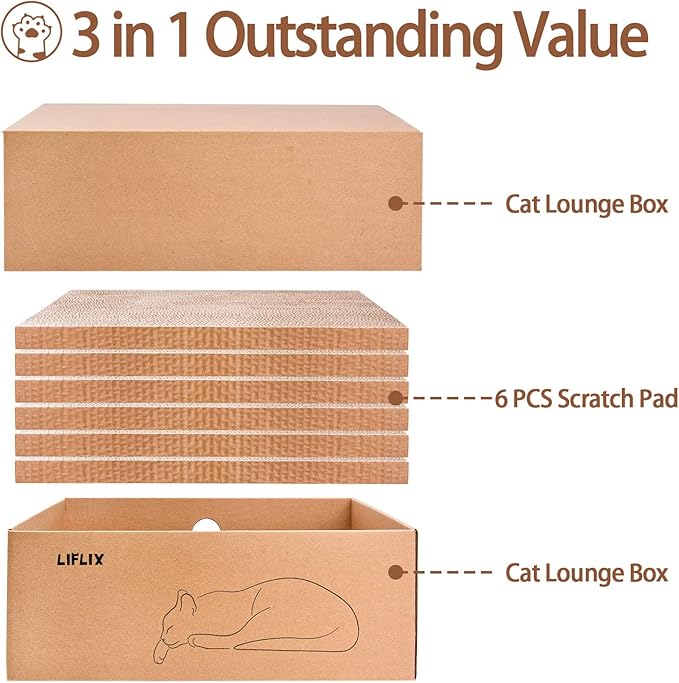 LIFLIX Cardboard Cat Scratcher with 2 Boxes, 6PCS Reversible Cat Scratch Pads in Large Cat Scratcher Box, 17.1" ｘ13.2 ｘ6.1