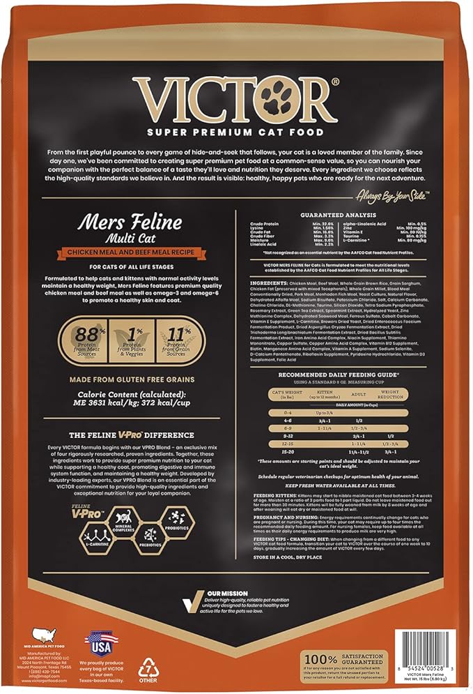 VICTOR Super Premium Cat Food – High-Protein Mers Feline Dry Cat Food with Chicken, Beef, Pork and Fish Meal for Normally Active Cats – All Breeds and All Life Stages from Kitten to Adult, 15 lb
