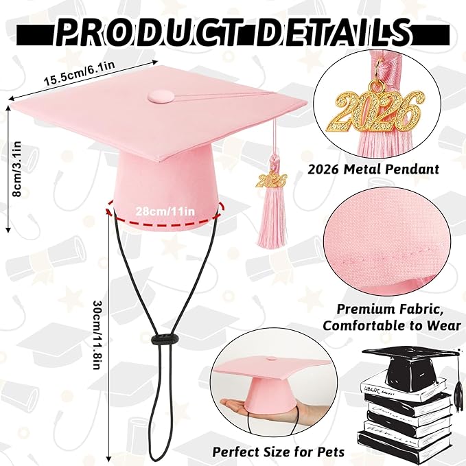 JULMELON Pet Graduation Caps with 2026 Pink Tassels, Dog and Cats Graduation Pink Hats Adjustable Mini Graduation Caps for AKC Graduation Photo Props Holiday Costume Accessories