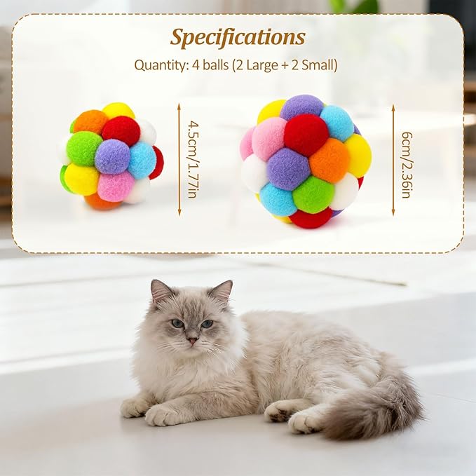 Soft Plush Cat Ball Toys with Bells Set of 4-Pack, Colorful Fuzzy Interactive Play Balls for Cats & Kittens