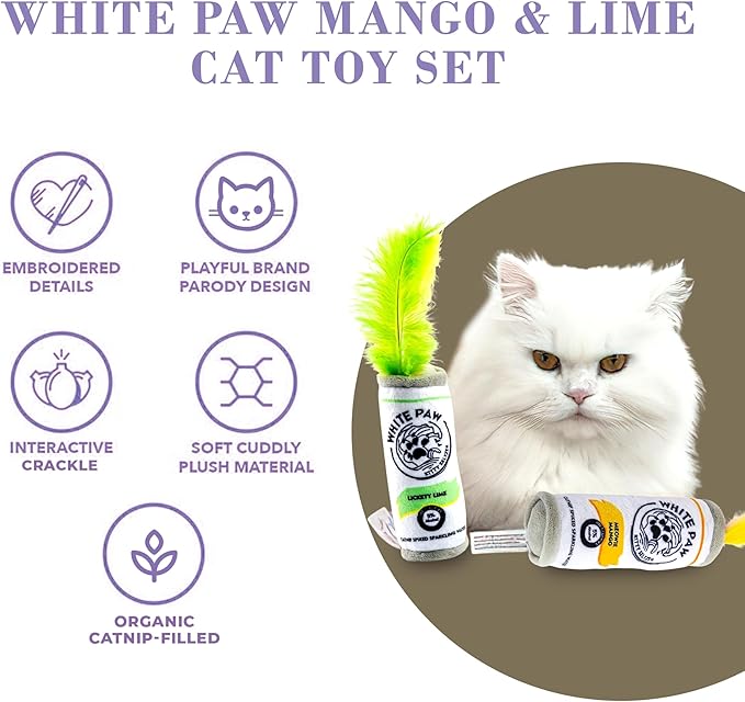 Haute Diggity Kitty White Paw Mango & Lime Set, Plush Cat Toys Catnip Filled with Interactive Crackle Sound, Safe & Durable Toys for Cat & Kitten, 2 Pcs
