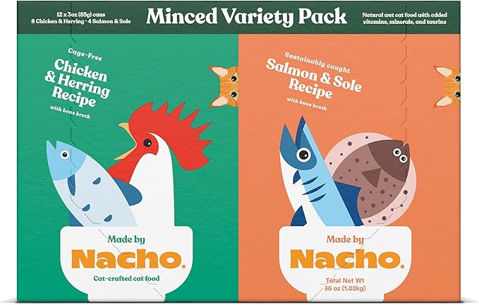 Made by Nacho Premium Minced Wet Canned Cat Food with Hydrating Bone Broth 3.0oz (Variety Pack (12 Count) - Chicken and Herring, Salmon and Sole)