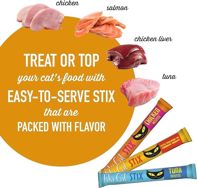 (2 Jar) Tiki Cat Stix Mousse Treats, Variety Mega Jar, Single Serve Indulgent Lickable Treat or Dry Food Topper, 50 Count, 25 oz. (0.5 oz./Stick)