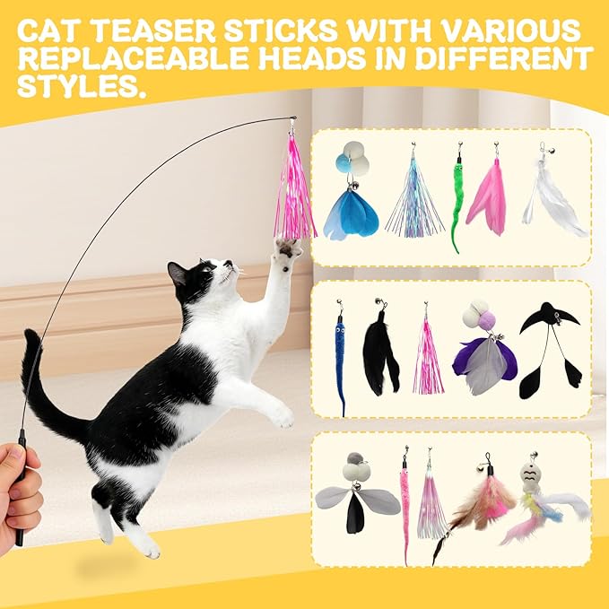 Interactive Cat Toy for Bored Cats - Feather Wand & Track Ball, 15 Replacement Heads, 2 Wooden Balls & 1 Bell Ball, Anti-Slip Base, Easy Assembly Cat Teaser for Kittens & Adult Cats