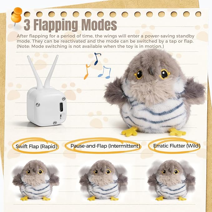 Cat Toys Flapping Bird Cuckoo, Touch Activated Interactive Cat Kicker with 3 Modes, Catnip Pouch, Type-C Rechargeable, Realistic Chirping, Self-Stop, Washable Fur Cover