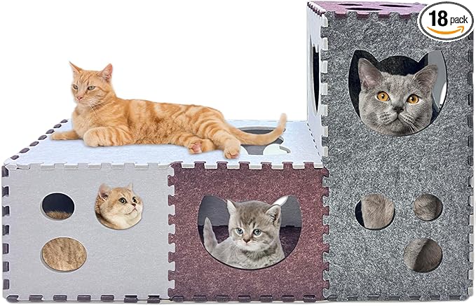 18 PCS Cat Tunnel, DIY Transformable Peekaboo Cat Cave, Scratch-Resistant Felt Cat Tunnel, Felt Cat Hideaway Cave with Interactive Peek Holes