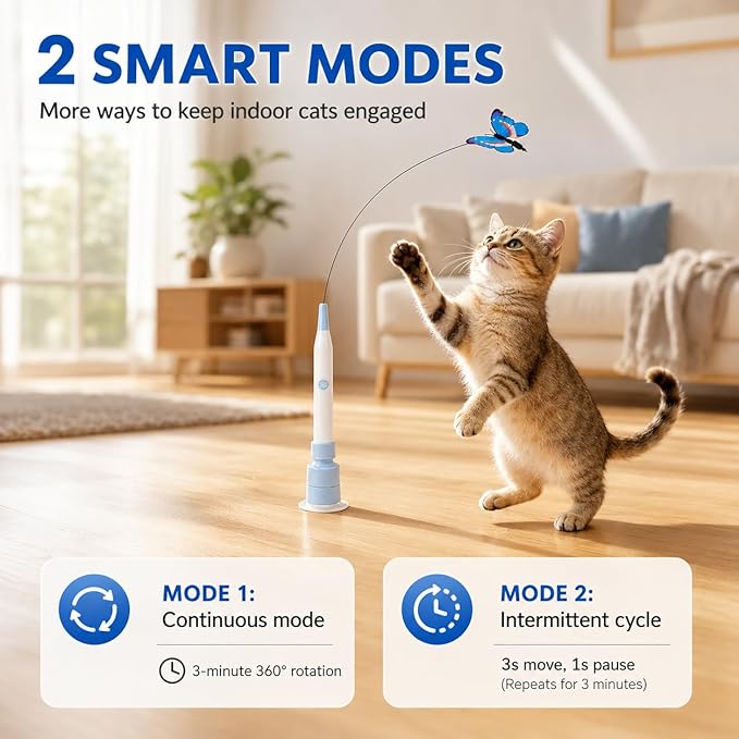 Rechargeable Butterfly Cat Toy for Indoor Cats, Electric Cat Wand with Suction Cup Base, 2 Play Modes, Self-Play & Handheld Cat Wand with 5 Cloth-Buckle Butterfly Refills, Blue