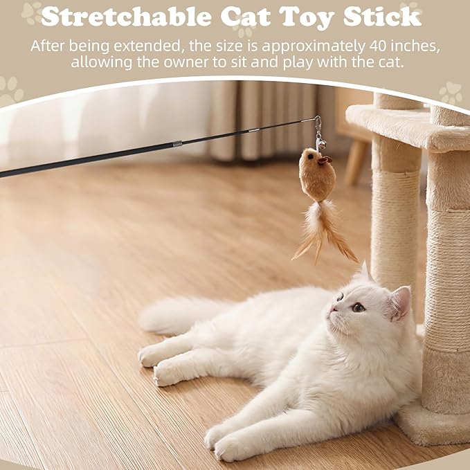 Leitee 18 Pcs Cat Teaser Wand Toy, Interactive Cat Feather Toys for Kittens, 15 Pcs Natural Feather Bird Mouse Toys Refill, 2 Wires and 1 Kittens Fishing Pole Toy Wooden Handles for Indoor